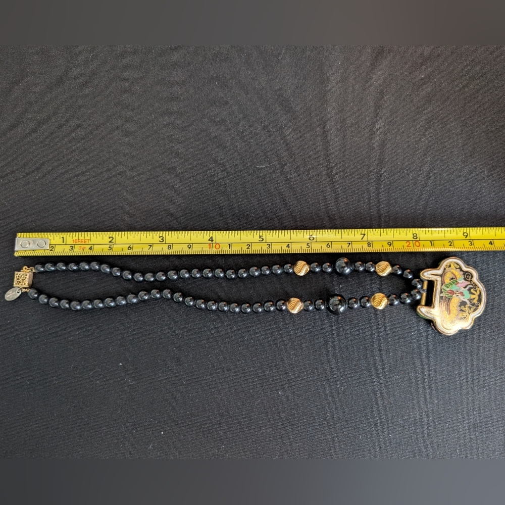 Vintage 925 Les Bernard Obsidian & Cloisonne Sterling Gold Necklace - Estate - Picture 12 of 14